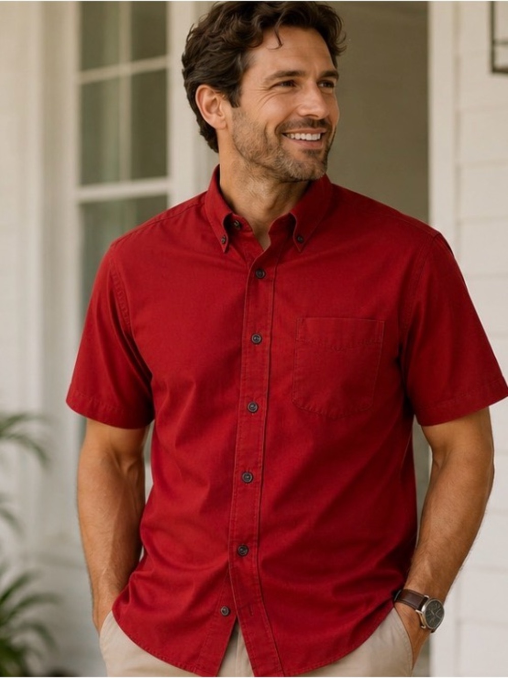 L.L. Bean Men's Short-Sleeve Button-Down Shirt in Deep Red Medium